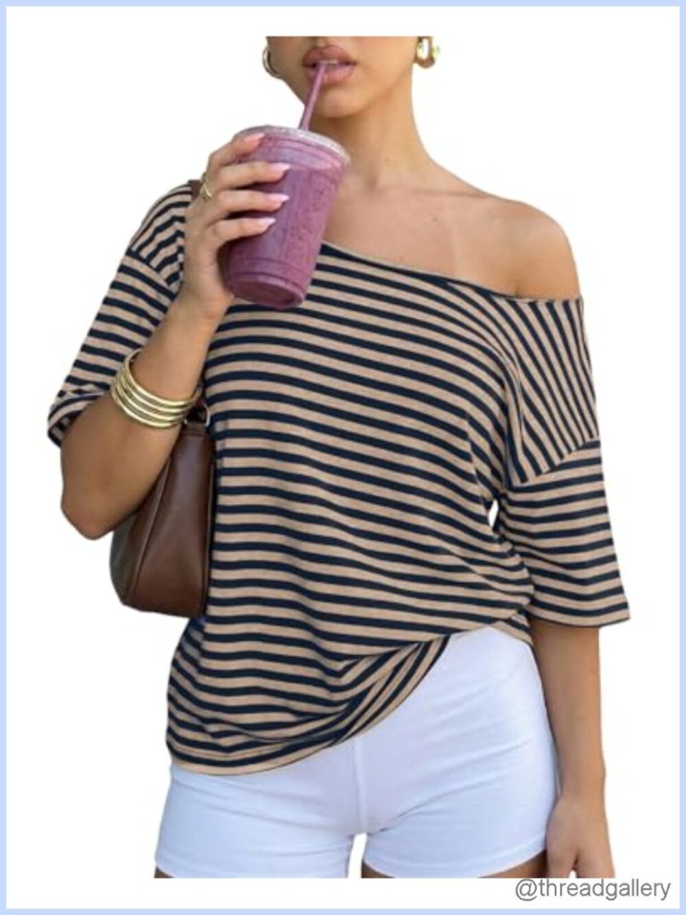 Cioatin Women Oversized Off Shoulder Striped Tee Short Sleeve Y2K Top